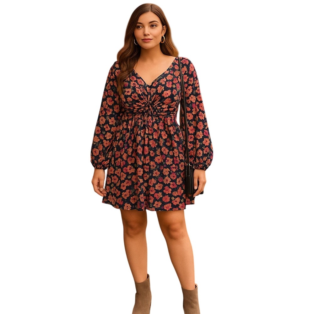 Womans‎ Floral Print V Neck Balloon Sleeve Midi Dress M Romantic Bohemian Date
